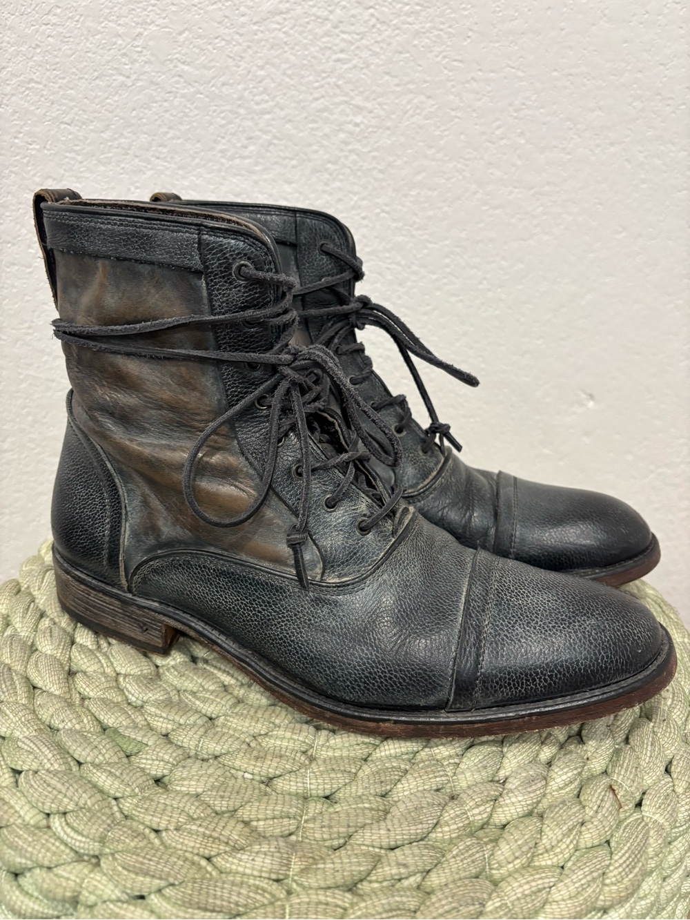 John Varvatos Fleetwood Distressed Leather Leather Lace-Up Combat Boot